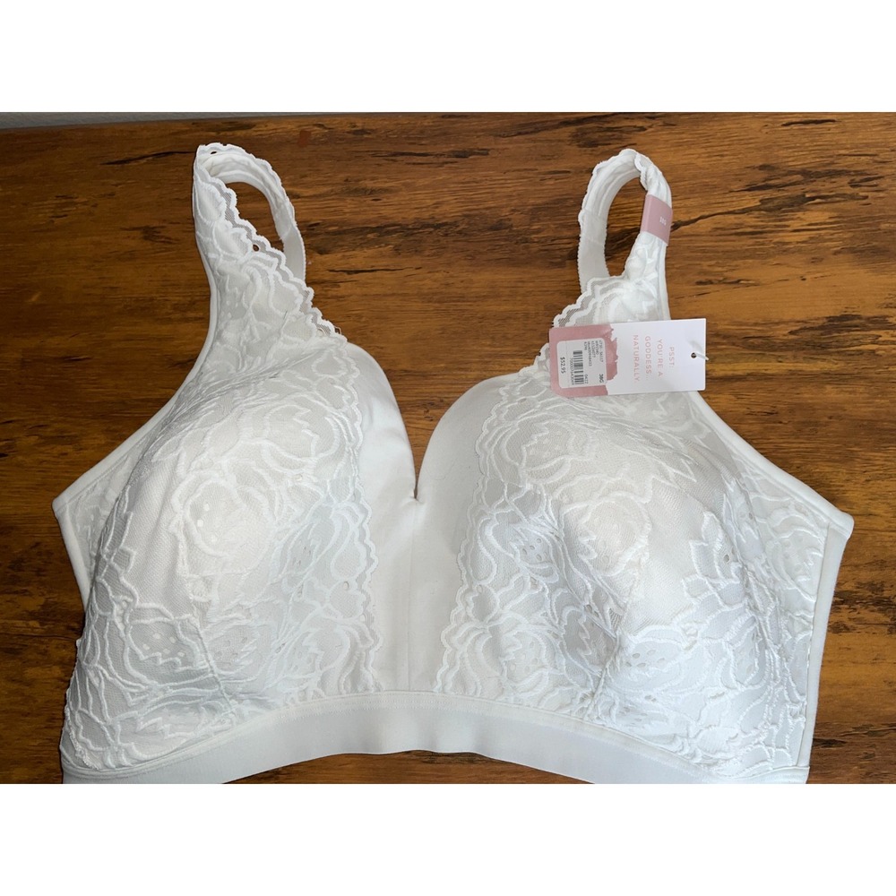 Cacique White Lace Wire-Free Plunge Bra 38G Floral Padded Comfort S6117